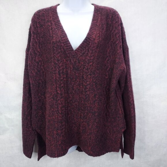 Sundance Sweater Womens Large Chenille Cable Knit Maroon Red Black Marled V-Neck - Picture 1 of 12